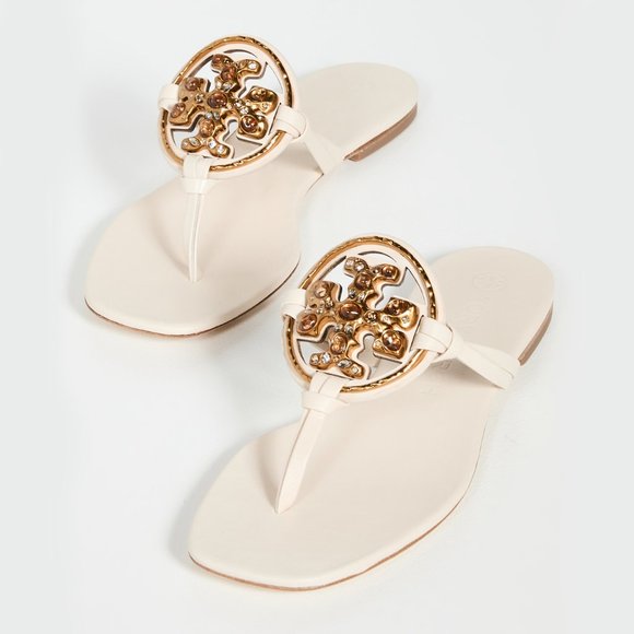 Tory Burch NIB Miller Jeweled Leather Thong Sandals Brie Cream Beige - Picture 5 of 15